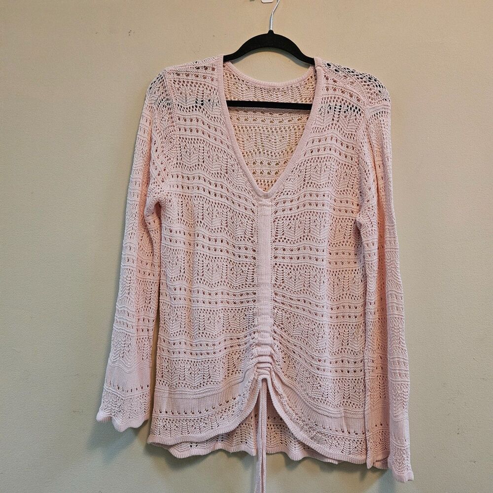Crochet Light Pink Open Knit Summer Sweater Lace Up Detail Scallop Bell Sleeves